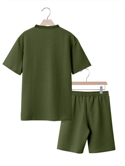 Men's Full Size Textured Round Neck Top and Shorts Set Plus SIze Easy Apparels