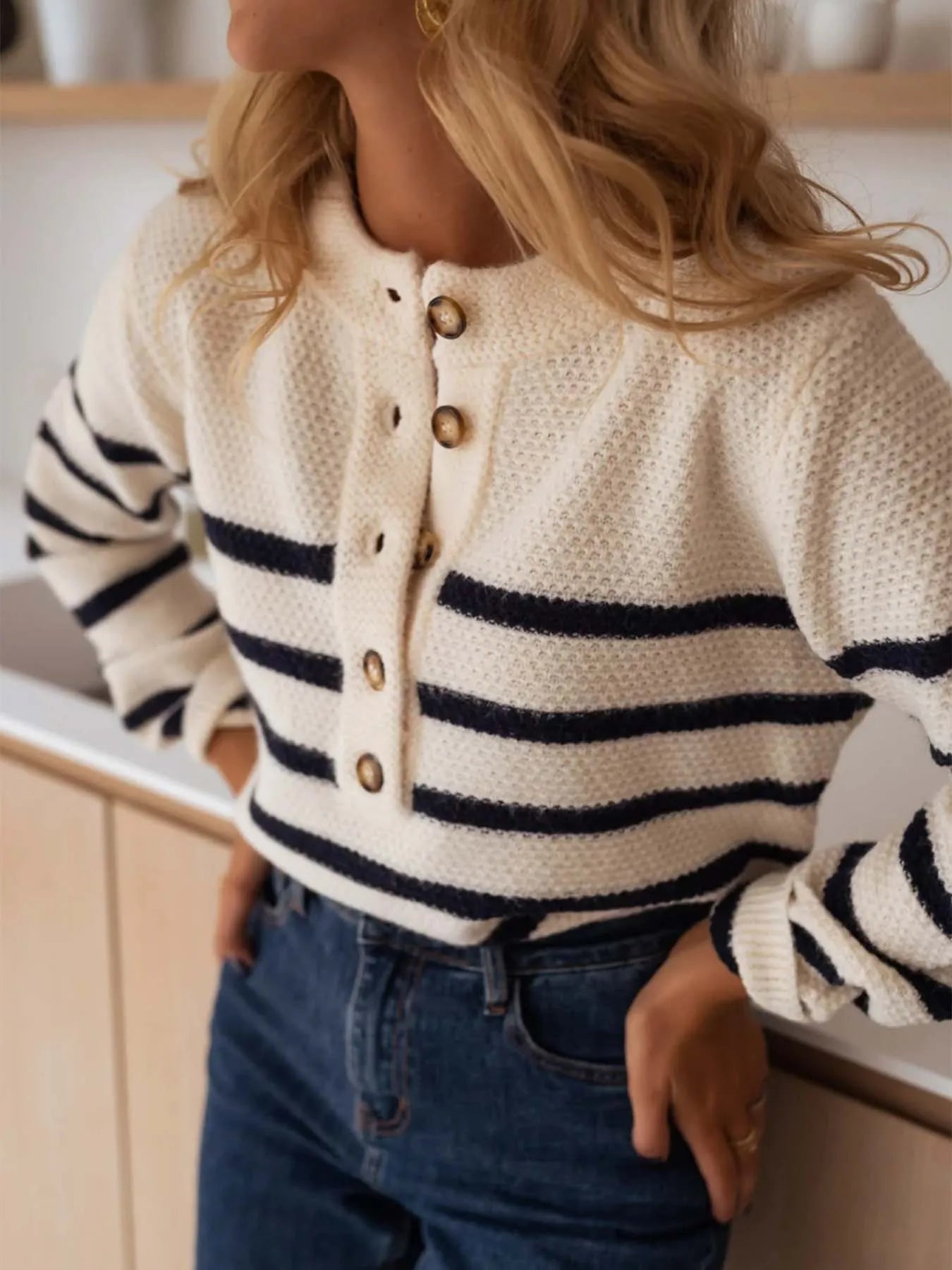 Trendsi Striped Button-Front Sweater Beige
