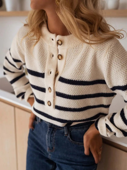 Trendsi Striped Button-Front Sweater Beige