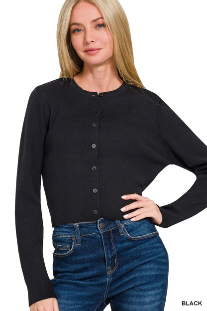 Zenana Button-Front Crewneck Long Sleeve Cropped Cardigan BLACK Easy Apparels