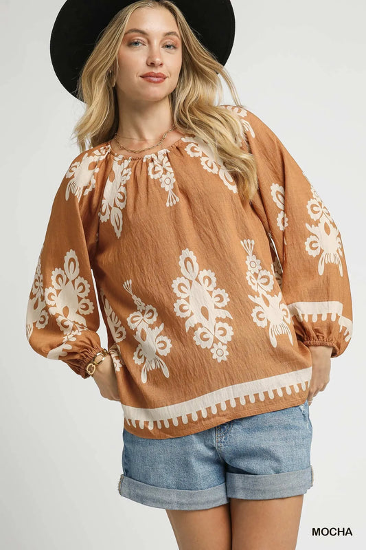 Trendsi Umgee Full Size Two Tone Border Print Top with Balloon Sleeves Plus Size MOCHA