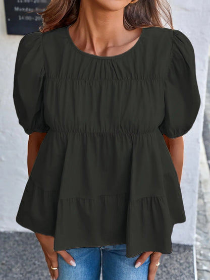 Trendsi Tiered Round Neck Puff Sleeve Ruched Blouse