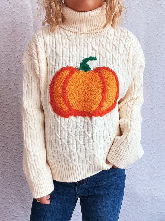 Trendsi Pumpkin Turtleneck Long Sleeve Sweater White One Size