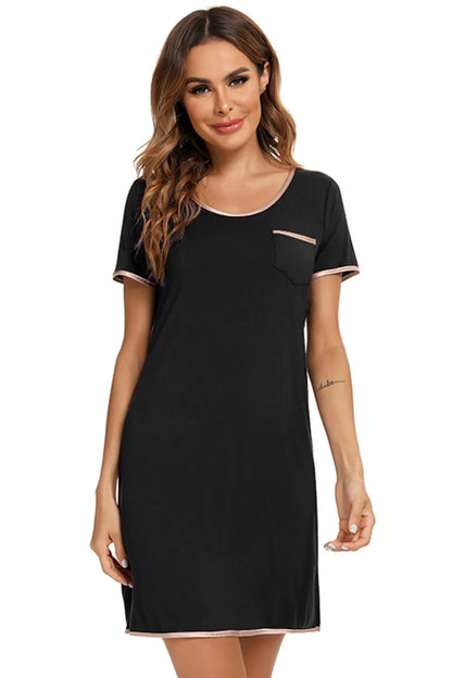 Contrast Trim Pocketed Round Neck Lounge Dress Easy Apparels