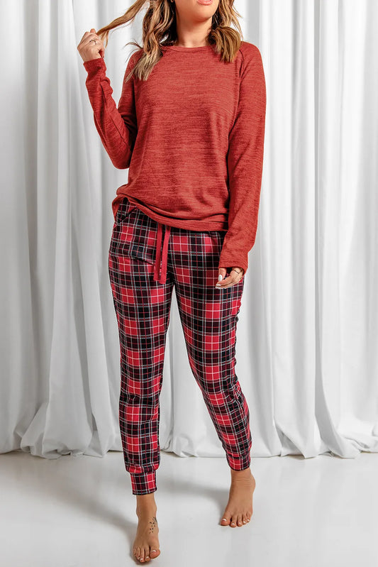 Round Neck Top and Drawstring Plaid Pants Lounge Set Deep Red Easy Apparels