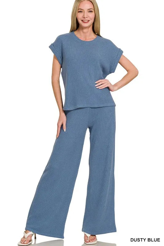 Zenana Rolled Sleeve Top and Pants Sweater Set DUSTY BLUE Easy Apparels