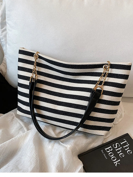Striped Shoulder Bag with Chain Detail Easy Apparels
