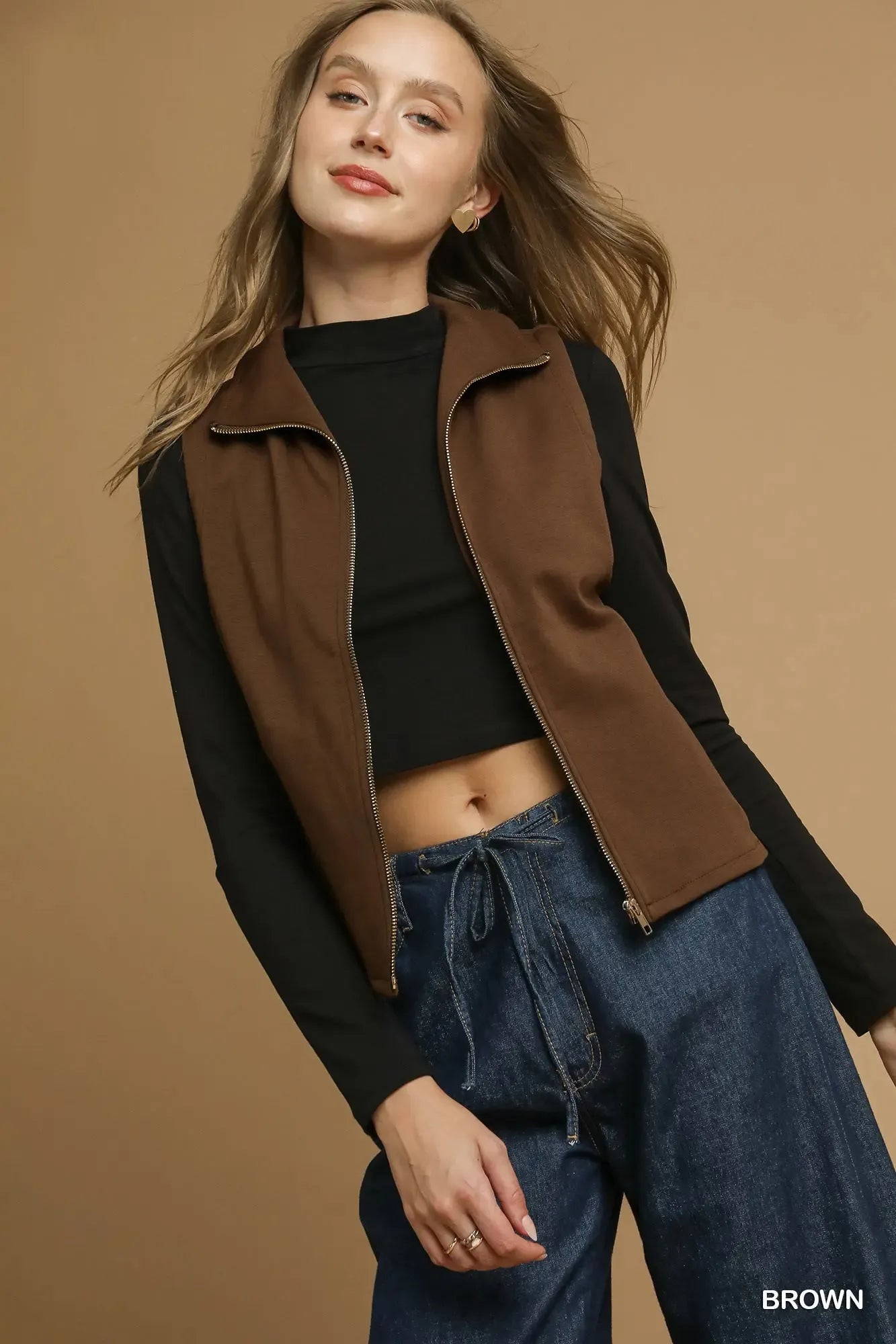 Umgee Zip-Front Fitted Vest with Pockets Brown Easy Apparels