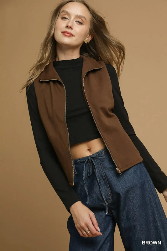 Umgee Zip-Front Fitted Vest with Pockets Brown Easy Apparels