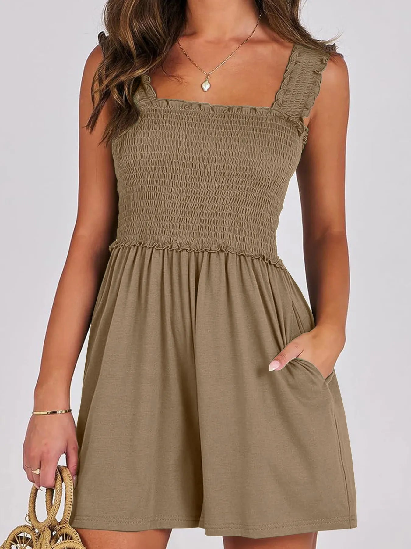 Smocked Square Neck Summer Romper Brown Easy Apparels
