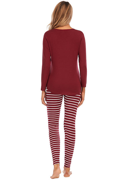 Graphic Round Neck Top and Striped Pants Set Easy Apparels