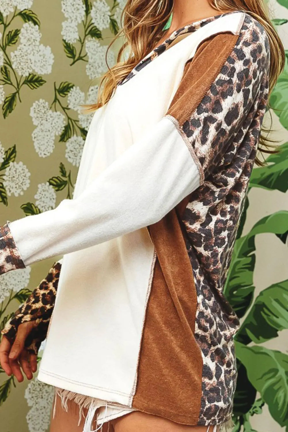 Trendsi Leopard V-Neck Dropped Shoulder Blouse
