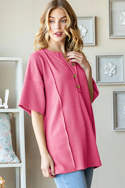 Trendsi Heimish Full Size Ribbed Half Button Drop Shoulder Top