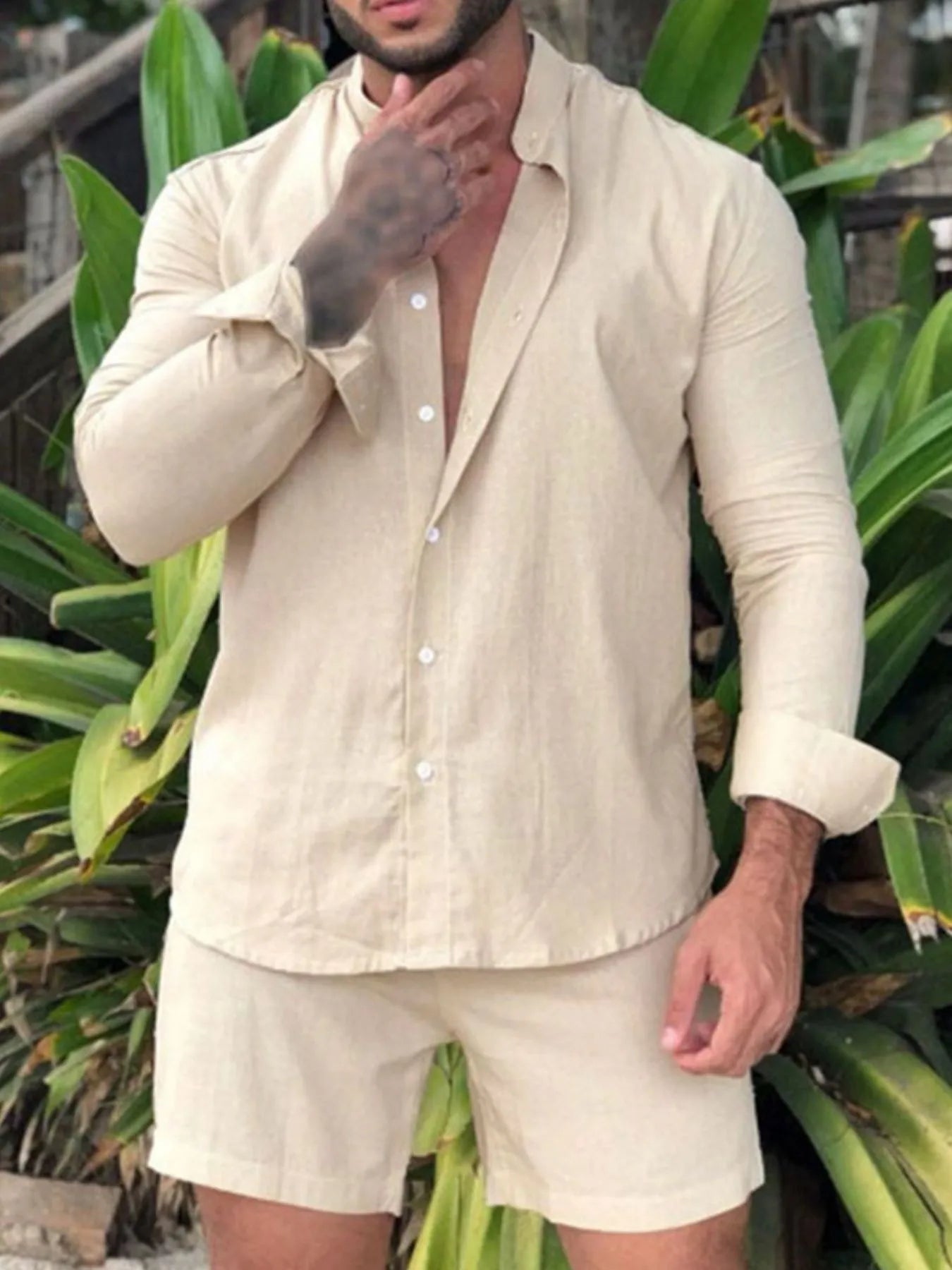 Men's Full Size Button Up Long Sleeve Shirt and Shorts Set Plus Size Easy Apparels