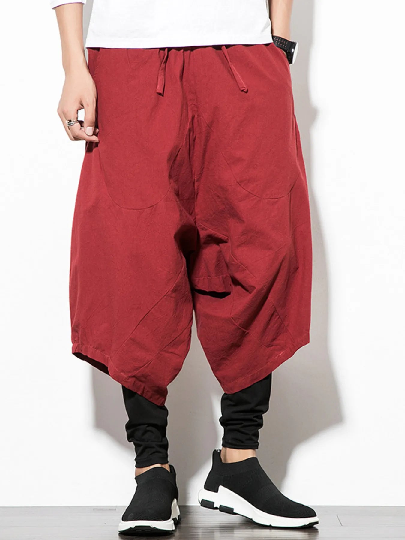 Men's Plus Size Wide Leg Drop Crotch Pants with Drawstring Burgundy Easy Apparels