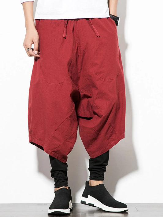 Men's Plus Size Wide Leg Drop Crotch Pants with Drawstring Burgundy Easy Apparels