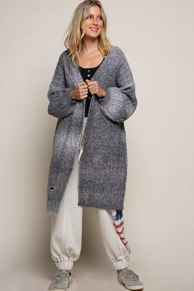 POL Distressed Cable-Knit Ombre Dying Cardigan Easy Apparels