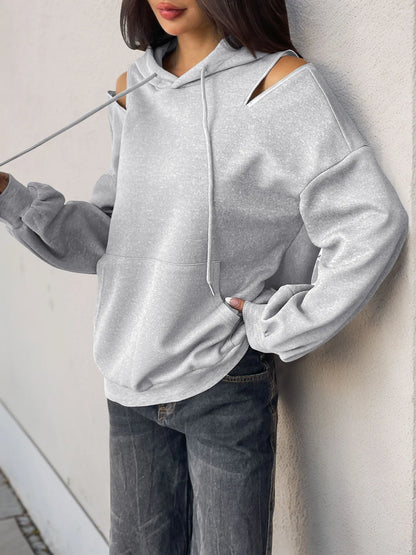 Trendsi Drawstring Zip Detail Cold Shoulder Hoodie