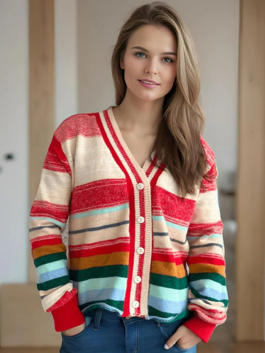Striped Button Down V-Neck Long Sleeve Cardigan Multicolor One Size Easy Apparels