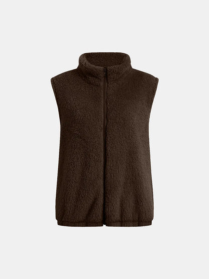 Full Size Fuzzy Zip Up Vest Coat with Pockets Easy Apparels