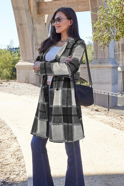 Double Take Full Size Plaid Button Up Lapel Collar Coat Easy Apparels