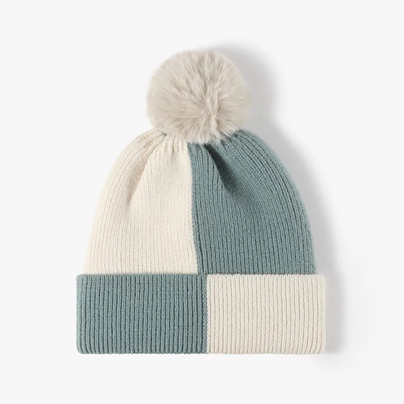 Color Block Knit Hat with Pom-pom Teal One Size Easy Apparels