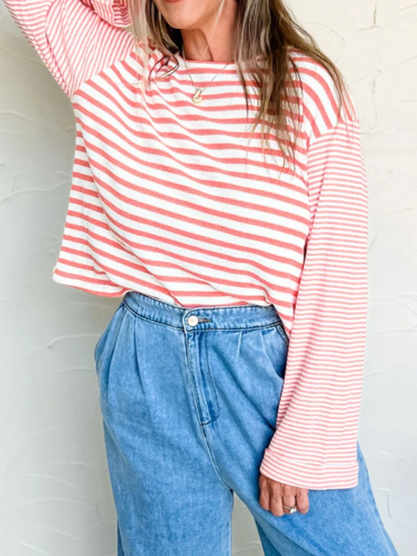 Trendsi Striped Long Sleeve Ribbed Blouse