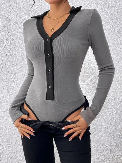 Trendsi Perfee Contrast Trim Johnny Collar Long Sleeve Bodysuit