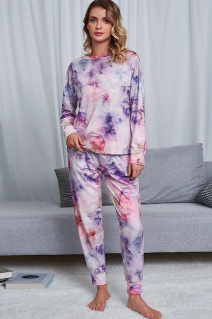 Shiny Tie-Dye Crewneck Top and Drawstring Waist Joggers Lounge Set Pink Purple Easy Apparels