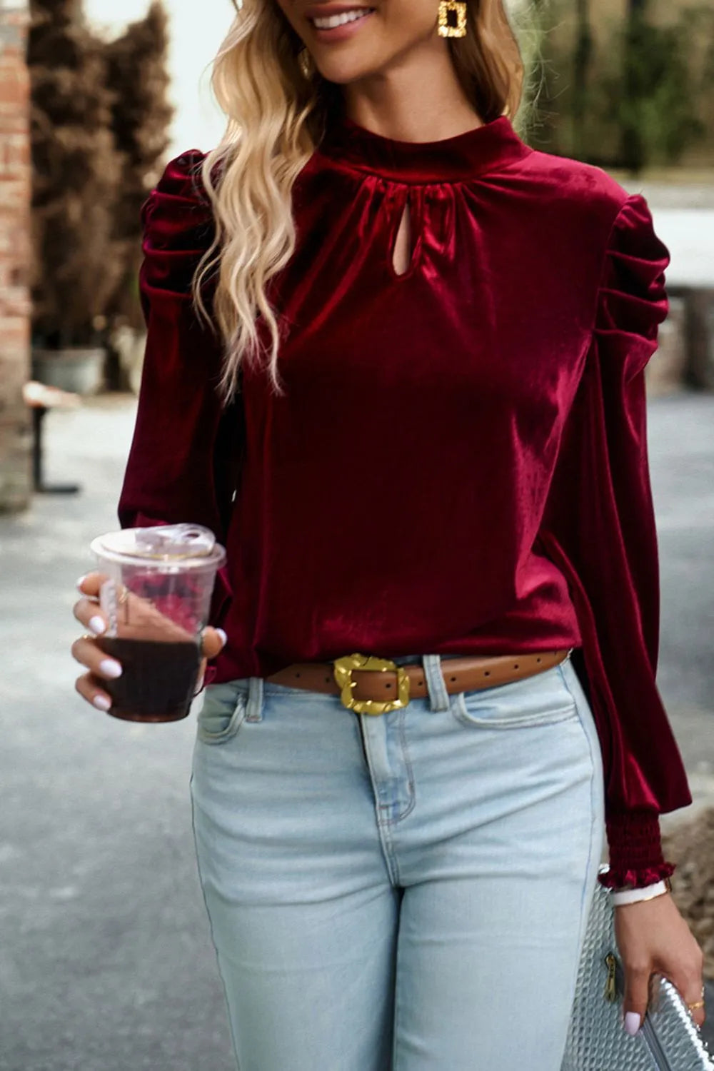 Trendsi Tie Up Mock Neck Velvet Fabric Long Sleeve Blouse