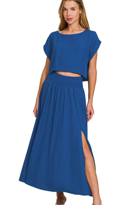 Zenana Heavy Woven Span Crop Tee & Skirt Set LT NAVY Easy Apparels
