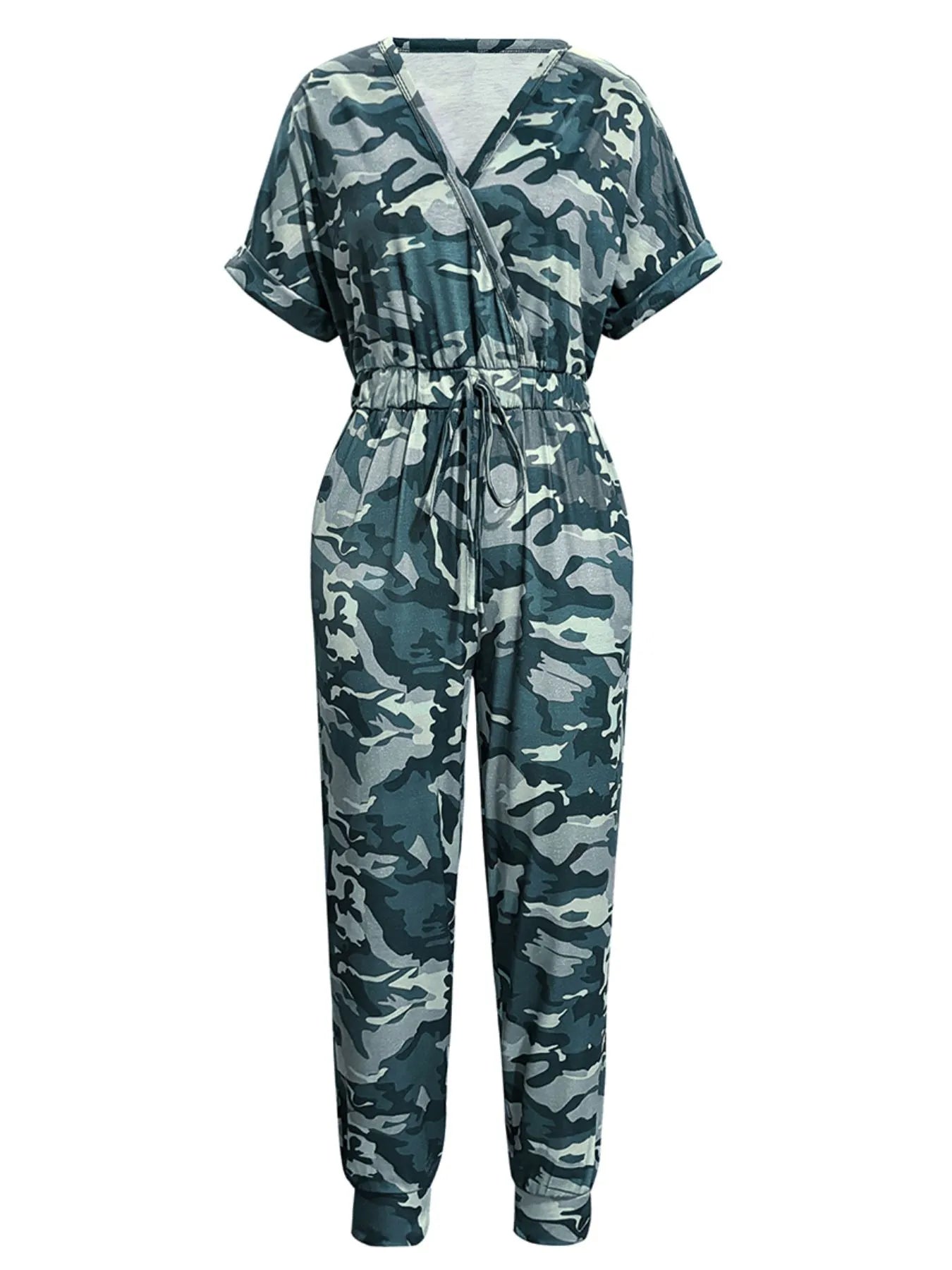Drawstring Waist Short Sleeve Jumpsuit Green Camouflage Easy Apparels