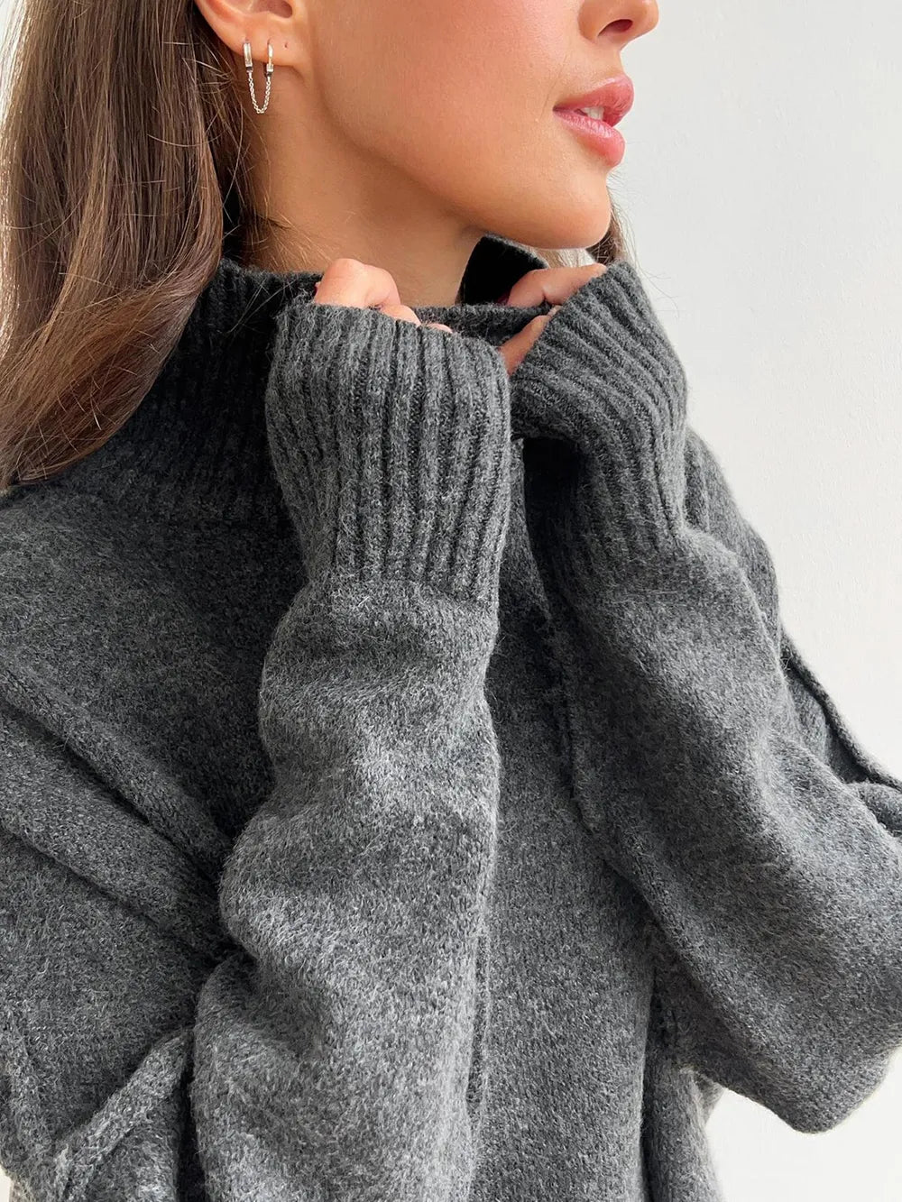 Slit Turtleneck Long Sleeve Top and Pants Sweater Set Easy Apparels