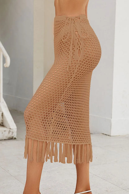 Fringe Openwork High Waist Swim Skirt Easy Apparels