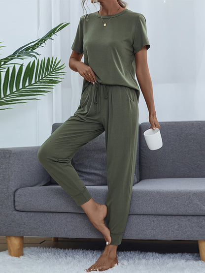 Shiny Round Neck Short Sleeve Top and Pants Set Moss Easy Apparels