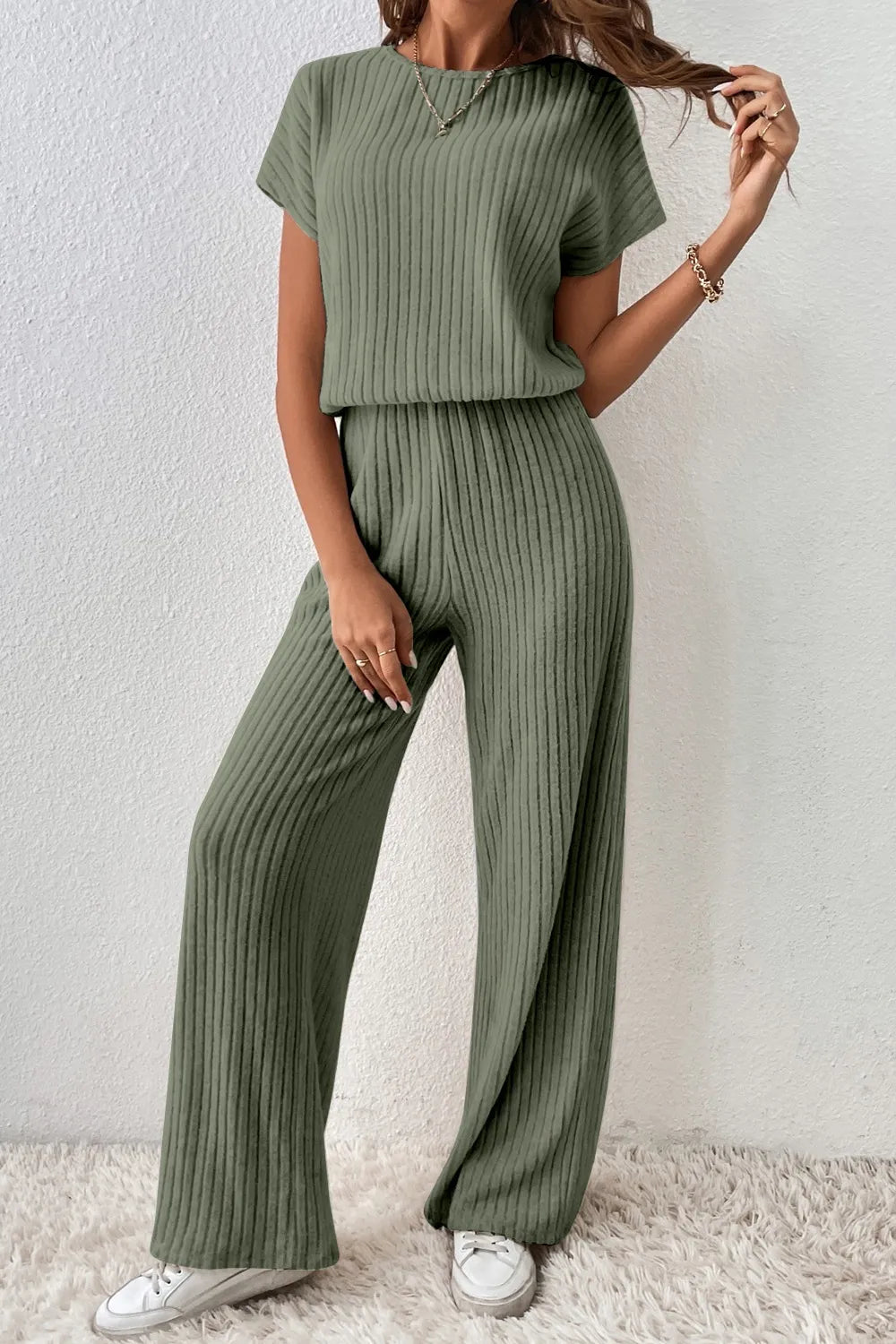 Ribbed Short Sleeve Wide Leg Jumpsuit Easy Apparels