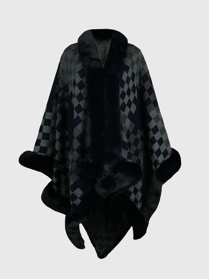 Checkered Faux Fur Trim Poncho Charcoal One Size Easy Apparels