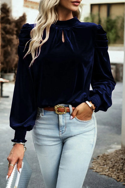 Trendsi Tie Up Mock Neck Velvet Fabric Long Sleeve Blouse