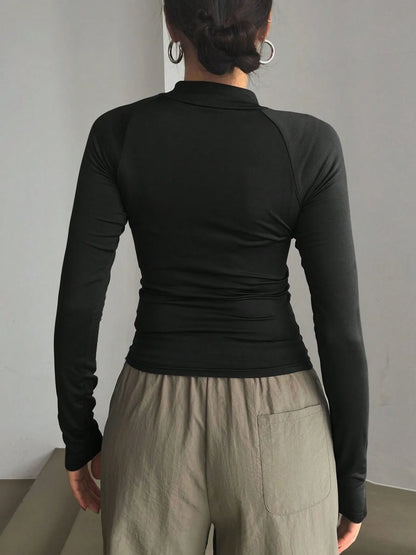 Trendsi Long Sleeve Zip Front Fitted T-Shirt