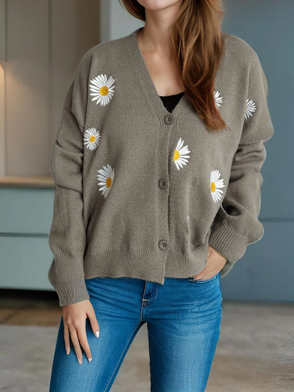 Daisy Button Up V-Neck Cardigan Gray One Size Easy Apparels