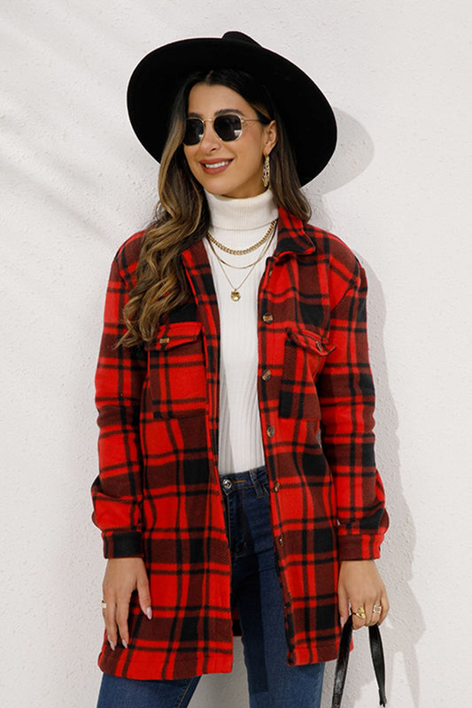 Shiny Plaid Collared Longline Coat Deep Red Easy Apparels