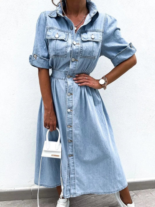 Full Size Button Down Roll-Up Sleeve Denim Shirt Dress Plus Size Light Blue Easy Apparels