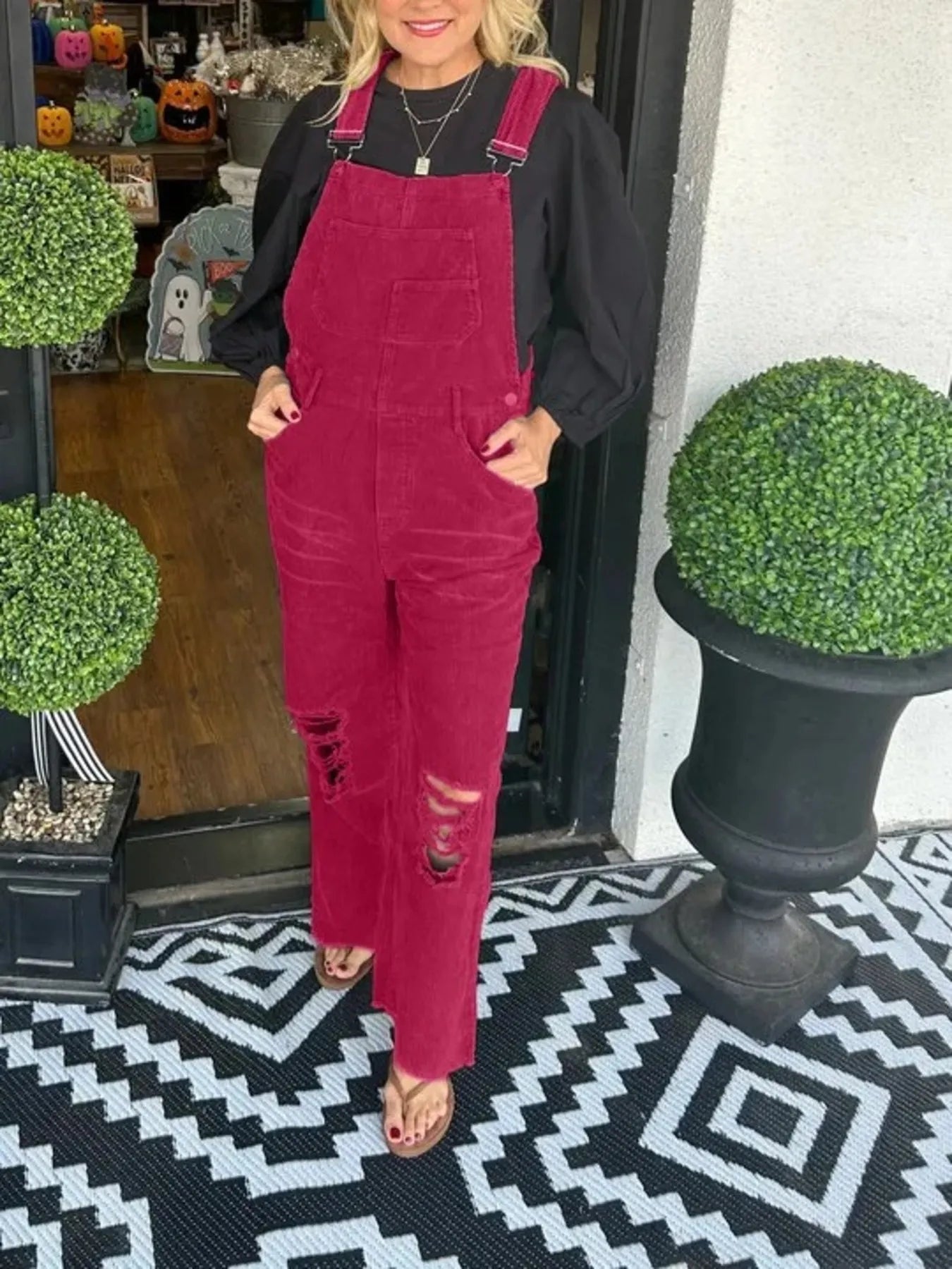 Distressed Wide Leg Corduroy Overalls Rose Red Easy Apparels