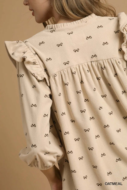 Trendsi Umgee Bow Print Corduroy Puff Sleeve Blouse with Ruffled