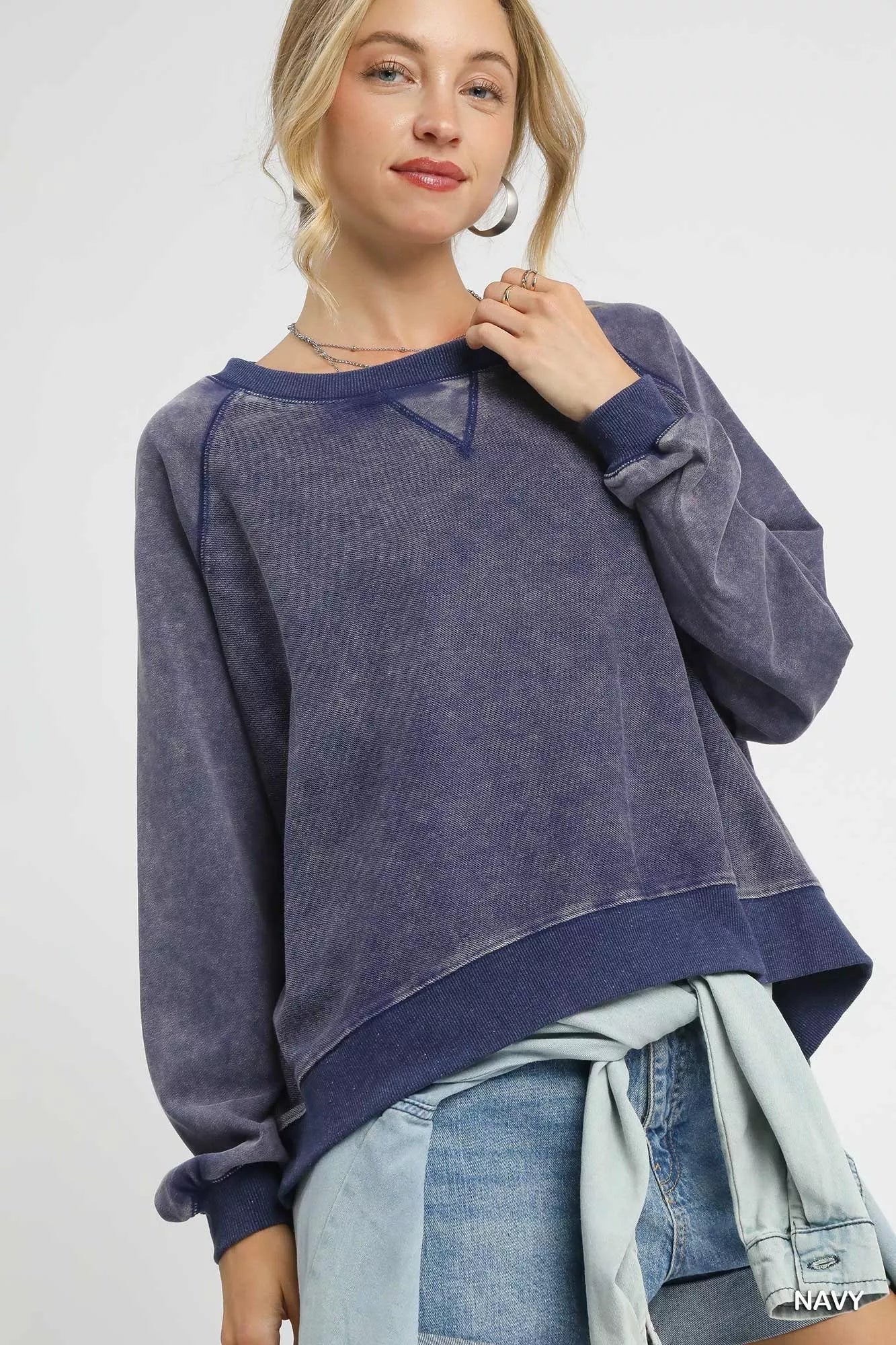 Trendsi Umgee Mineral Wash French Terry Sweatshirt Navy