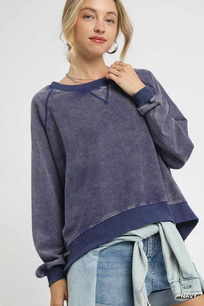 Trendsi Umgee Mineral Wash French Terry Sweatshirt Navy