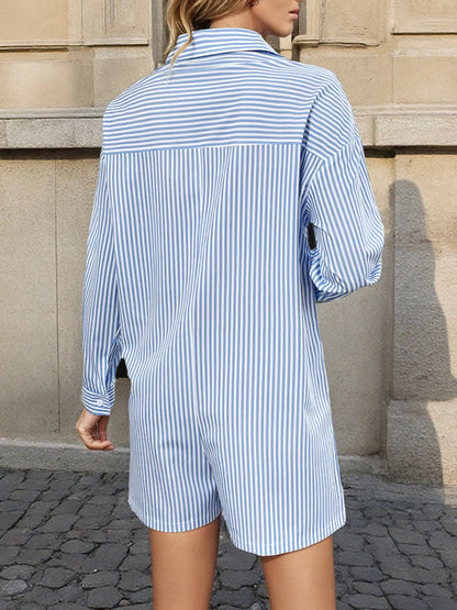 Striped Button Front Long Sleeve Romper Easy Apparels