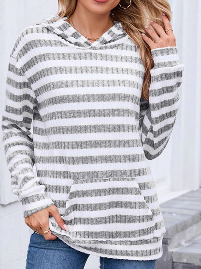 Trendsi Striped Ribbed Knit Hoodie with Kangaroo Pocket