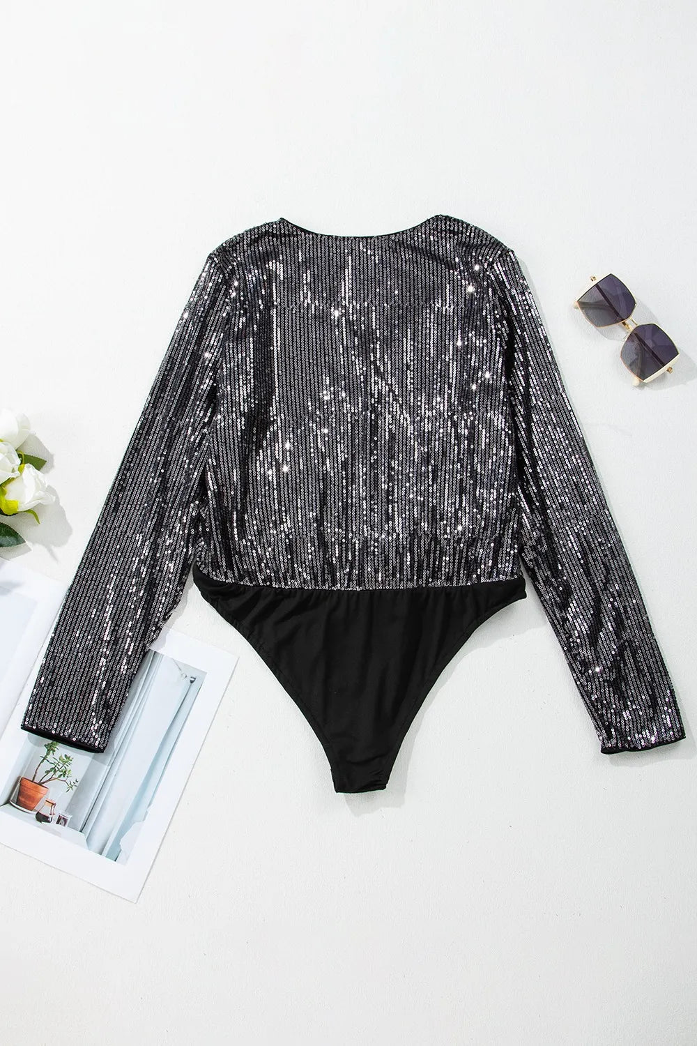 Trendsi Sequin Surplice Long Sleeve Bodysuit