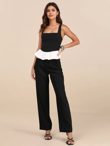 Trendsi Contrast Ruffled Hem Square Neck Tank